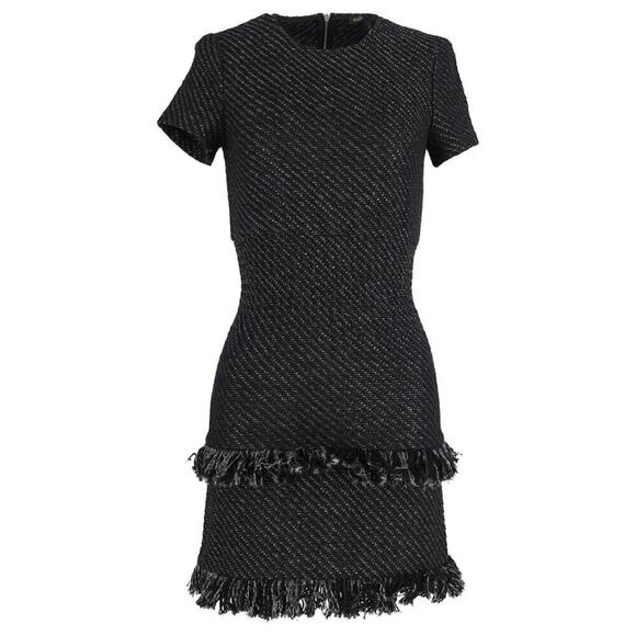MAJE Rabata Black & Silver Tiered Tweed Fringe Short Sleeve Smocked Mini Dress S - Picture 1 of 9
